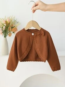 Elladie kids 女嬰白色可愛優雅針織開襟衫，秋季長袖柔軟輕量針織披肩，附蝴蝶結，純色外套，適合派對、日常與婚禮穿著 - 咖啡棕 - 查看 1