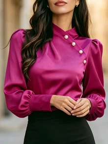 RosyDaze Women's Solid Color Faux Pearl Button Design Long Sleeve Elegant Blouse - Hot Pink - View 4