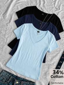 SHEIN EZwear 女款純色V領短袖休閒百搭T恤（3件組） - 彩色 - 查看 1