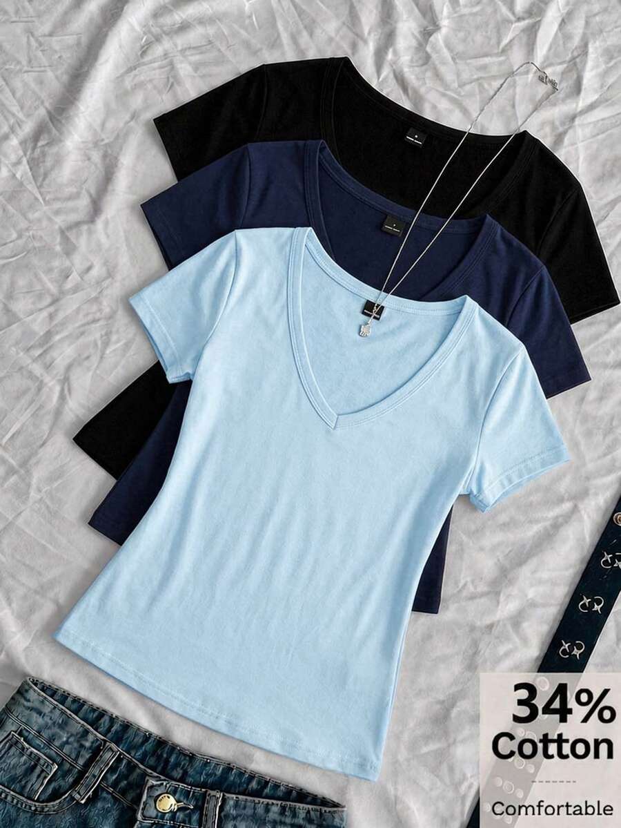 SHEIN EZwear 女款純色V領短袖休閒百搭T恤(3件組) - 彩色 - 查看 1