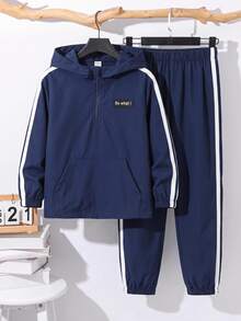 SHEIN Baby Boy Autumn/Winter Navy Blue Pullover Sweatshirt And Elastic Waist Long Pants With Webbing Trim 2 Pieces Set, Christmas Gift For Kids - Royal Blue - View 1