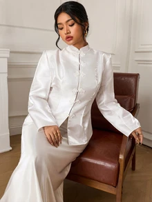 EastFlair Plus Size Women's Elegant Blazer Jacket With Frog Button Placket And Long Sleeves - White - View 2