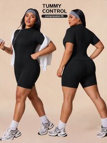 Rhythm Era Plus Size Sports Jumpsuit With Half-Zip Stand Collar, Slim Fit Body-Shaping Ribbed Texture Tight Short Sleeve Jumpsuit - Black - View 1