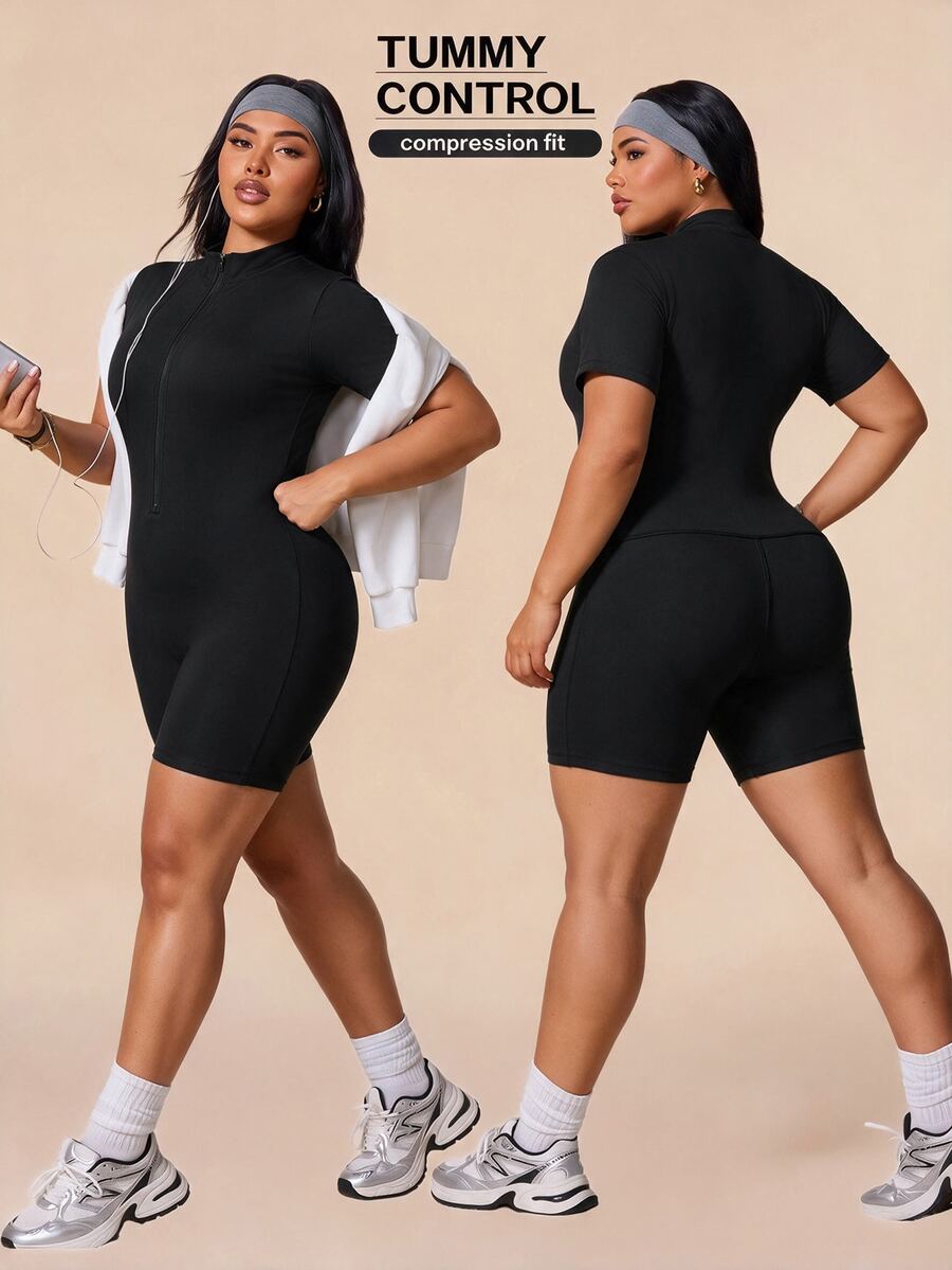 Rhythm Era Plus Size Sports Jumpsuit With Half-Zip Stand Collar, Slim Fit Body-Shaping Ribbed Texture Tight Short Sleeve Jumpsuit - Black - View 1
