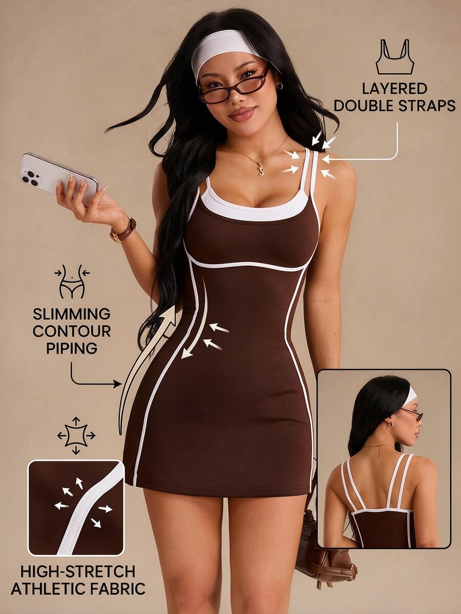 Glamine Women's 2-In-1 Camisole Sports Dress With Shorts - Coffee Brown - View 1