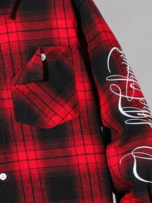 SHEIN 兒童青少年男孩休閒款柔軟舒適聖誕紅色格紋翻領襯衫，基礎上衣，適合秋冬、聖誕節、萬聖節、學校、家庭聚會、度假、派對，秋季穿搭，冬季穿搭 - 彩色 - 查看 5