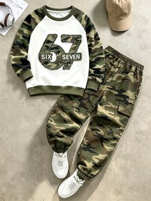 2件組小男孩圓領衛衣上衣與迷彩工裝褲套裝，數位67迷彩印花服飾，長袖街頭風，適合假期派對，舒適休閒，春夏秋季穿著，柔軟易穿，男孩時尚休閒穿搭首選 - 軍綠色 - 查看 5