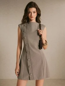 Poéselle Women's Solid Color Single-Breasted Casual Commute Mini Dress - Brown - View 9