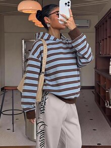 Muchica 女款休閒運動衫，女款秋冬服飾，條紋運動衫，街頭風 - 彩色 - 查看 3