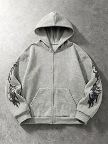 SHEIN Coolqubz 青少年男孩字母印花連帽拉鍊運動運動衫 秋季 - 灰色 - 查看 1