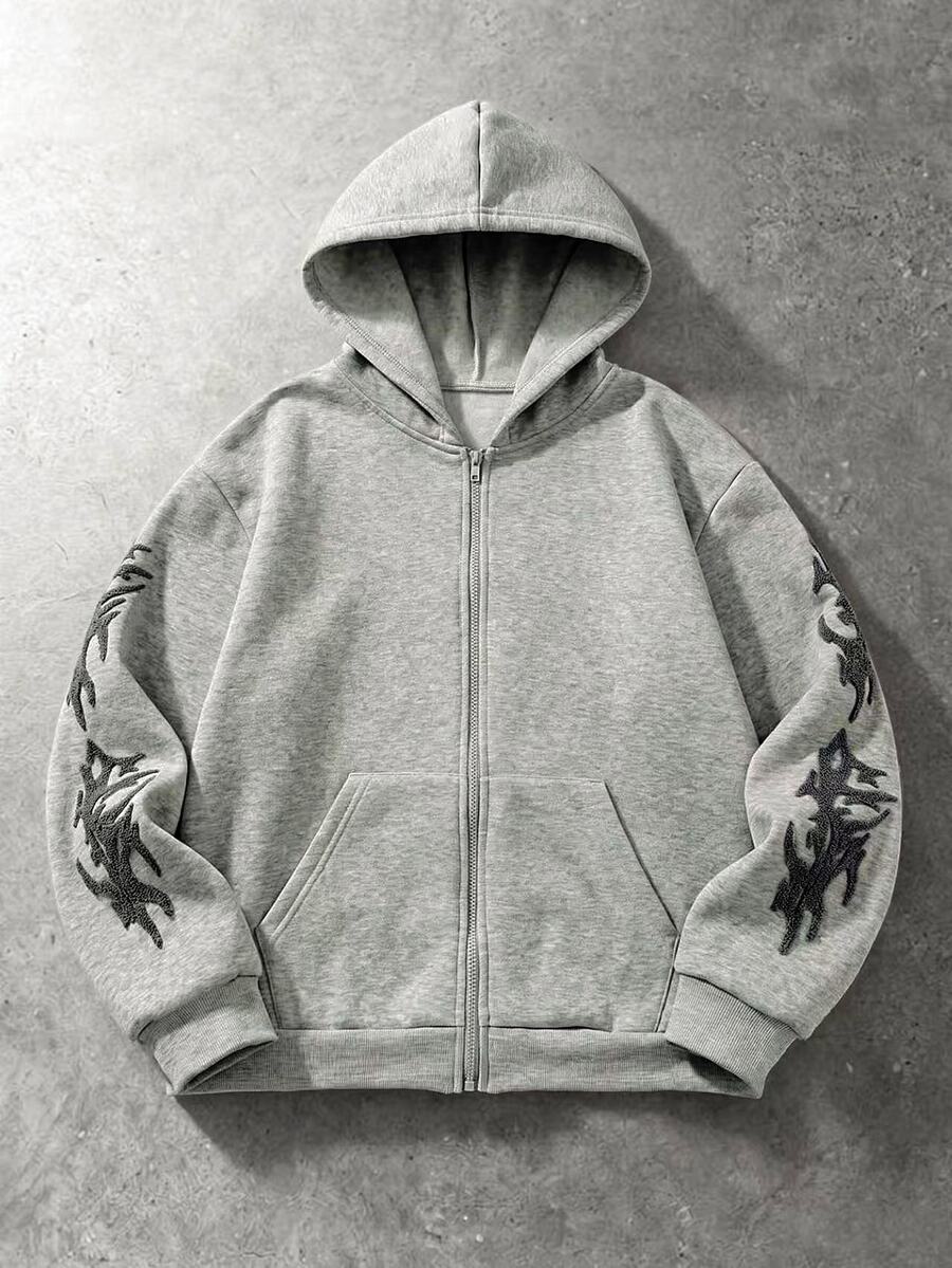 SHEIN Coolqubz 青少年男孩字母印花連帽拉鍊運動運動衫 秋季 - 灰色 - 查看 1