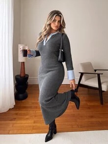 Vionelle Plus Size Autumn/Winter Fitted Knit Long Dress, Colorblock Round Neck Half-Button Flare Sleeve Bodycon Sweater Dress Formal Holiday Grey Casual Baggy - Grey - View 7