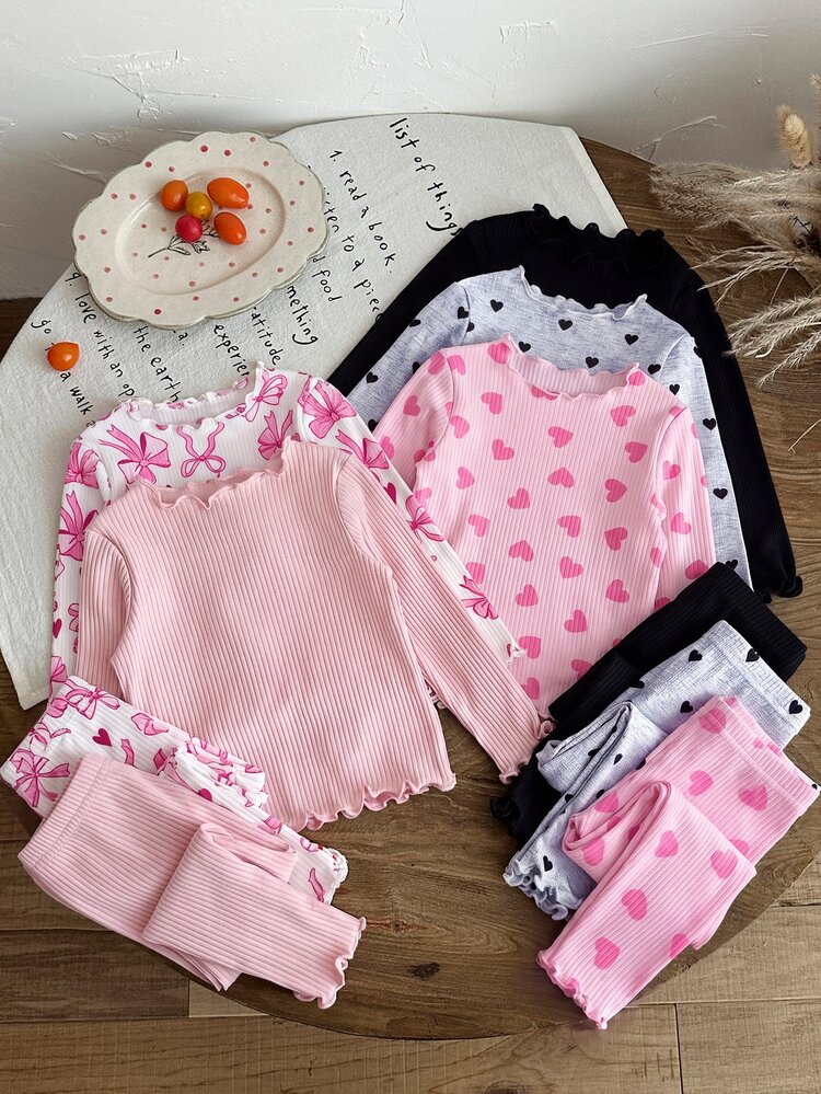 SHEIN LMoss Kids 女嬰針織純色波點條紋愛心圖案荷葉邊飾T恤與長褲10件套 - 彩色 - 查看 6