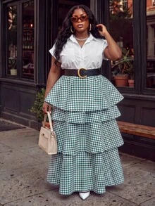 Slaydiva Autumn/Winter Elegant Date Christmas Holiday Green & White Houndstooth Multi-Layer Ruffle Cake Long Skirt Plus Size - Green - View 4