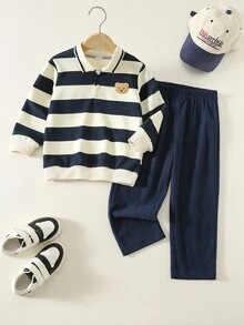 SHEIN 2件組男童小男孩秋冬休閒條紋 Polo 運動衫與休閒長褲套裝，運動衫套裝，Polo 套裝，男童套裝 - 彩色 - 查看 3