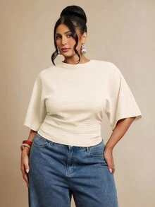SHEIN BAE Plus Size Autumn Casual Solid Color Batwing Sleeve T-Shirt Gym Brown Fall - Apricot - View 8