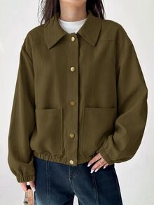 Aloruh Women's Solid Color Long Sleeve Single-Breasted Casual Jacket - Army Green - View 6