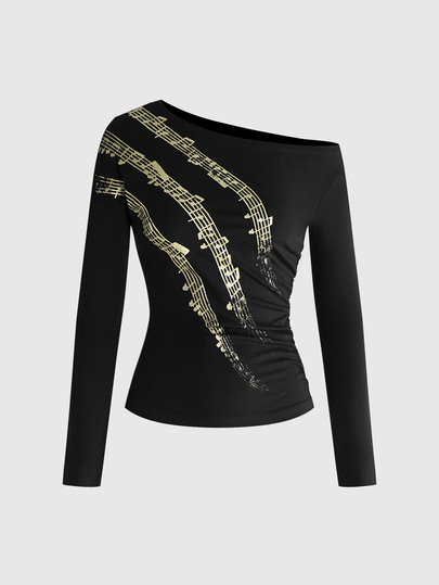 ROMWE Grunge Punk Camiseta de mujer de punto con hombro asimétrico, estampado de notas musicales y estampado de lámina en color negro