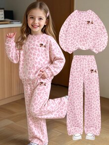 Young Girls Casual Fresh Pink Leopard Print Floral Dachshund Puppy Kawaii Pattern Crew Neck Sweatshirt And Wide Leg Pants Set Fall Outfits - Multicolor - View 4