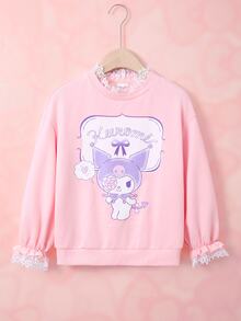 HELLO KITTY AND FRIENDS | SHEIN Tween Girl Contrast Lace Round Neck Long Sleeve Cartoon Print Sweatshirt - Pink - View 3