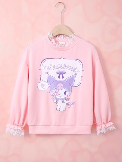 HELLO KITTY AND FRIENDS | SHEIN Tween Girl Contrast Lace Round Neck Long Sleeve Cartoon Print Sweatshirt