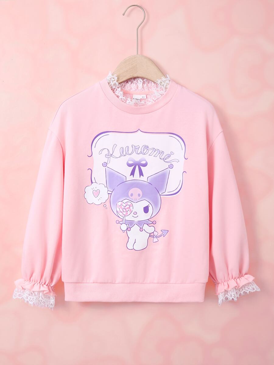 HELLO KITTY AND FRIENDS | SHEIN Tween Girl Contrast Lace Round Neck Long Sleeve Cartoon Print Sweatshirt - Pink - View 1