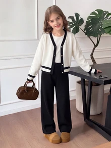 SHEIN Setelan 2 Potong untuk Anak Perempuan Remaja: Cardigan Patchwork dengan Hem dan Kancing Depan, Lengan Panjang, Sweater Kasual & Celana. - Hitam dan Putih - View 1