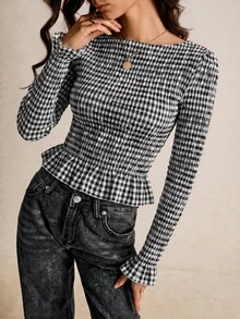 Poéselle 女款秋冬新款棉混紡黑白格紋抓皺彈性襯衫，休閒復古優雅街頭風，適合辦公室日常約會通勤上衣 - 黑色 - 查看 7