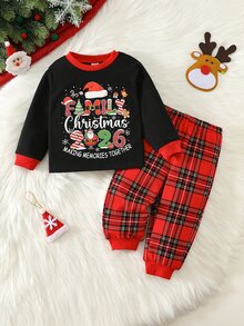 SHEIN 中性嬰兒男/女童、幼兒 2件組可愛聖誕 T-shirt 套裝，嬰兒聖誕服裝套裝 - 黑色 - 查看 1
