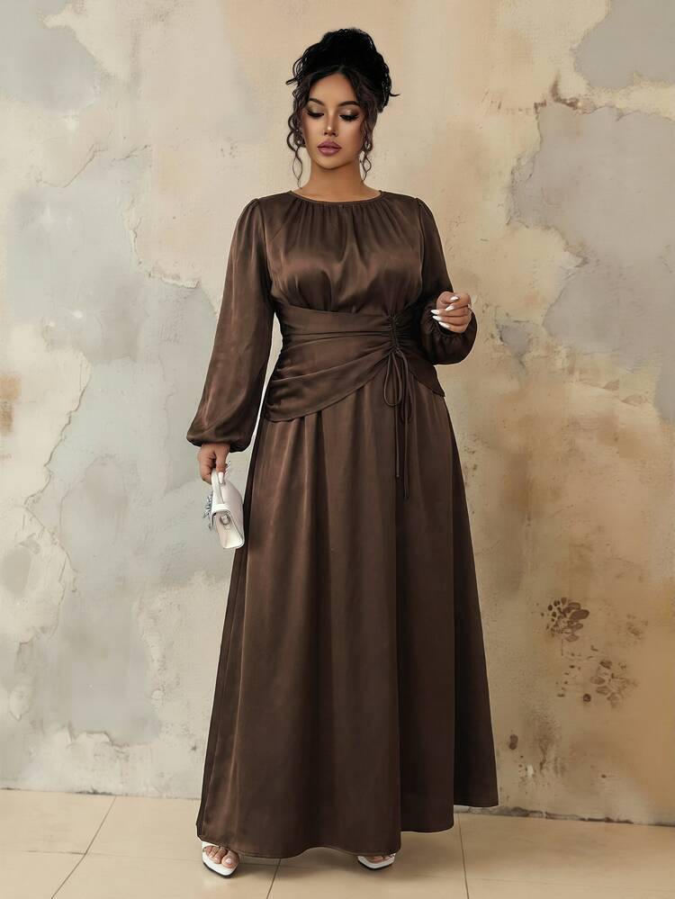 Roveilla Plus Size Women's Spring/Autumn/Winter French Style Elegant Luxury Exquisite Casual Christmas Party Minimalist High-End Design Office Commute Comfortable Solid Color Satin Crinkled Satin Round Neck Waist Drawstring Ruched Design Back Elastic Waist Flare Hem Lantern Sleeve Long Sleeve Long Dress - Brown - View 2