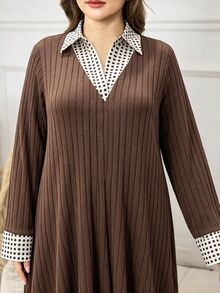 Lacomfia Gaun Kasual Wanita Ukuran Besar Model A-Line Bahu Persegi Motif Polkadot Patchwork Rajut Lembut Longgar - Coffee Brown - View 6