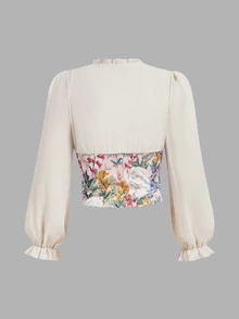 SHEIN MOD Plus Size Vintage Print Patchwork Chiffon Blouse, Early Autumn Outfit, Retro Style, Romantic Print Top, Autumn/Summer Outing Top - Apricot - View 4