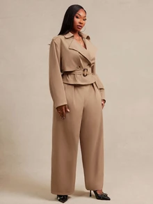 SHEIN SXY Plus Size Women's Solid Color Long Sleeve Jacket And Wide Leg Pants Casual Suit 2 Pieces Set - Khaki - View 5