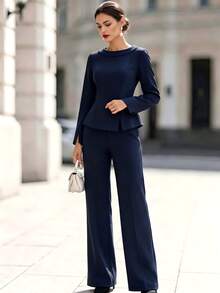 SHEIN Women's Professional 2 Pieces Set, Elegant Top Paired With Slim Fit Suit Pants, Solid Color Minimalist Design, Sophisticated Formal Style, Suitable For Office Commute, Business Meetings, Formal Occasions - Blue - View 3