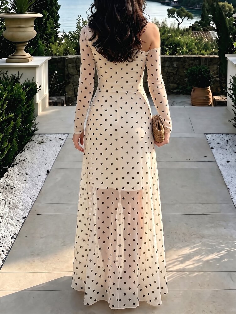 SHEIN PariChic 女款時尚波點不對稱單肩網紗長袖抓皺收腰顯瘦喇叭長洋裝，適合派對、約會、晚餐、度假 - 杏色 - 查看 2