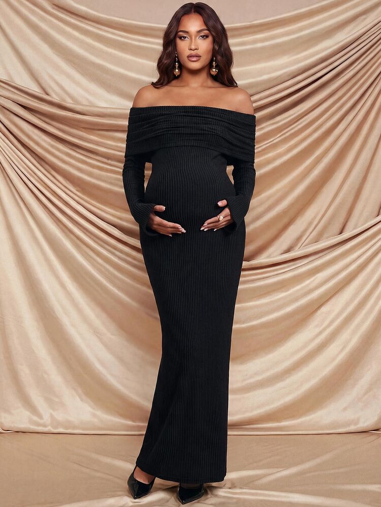 MaterniChic Elegant Maternity Off-Shoulder Long Sleeve Dress - Black - View 3