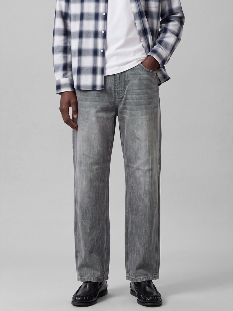 Colvenic Celana Jeans Denim Abu-abu Bordir Bunga Gaya Jalanan Kasual Pria - Dark Grey - View 1