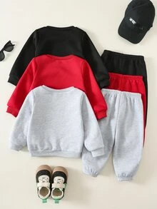 SHEIN 6件組男嬰秋冬休閒字母印花保暖內裡長袖運動衛衣與長褲套裝 - 彩色 - 查看 2