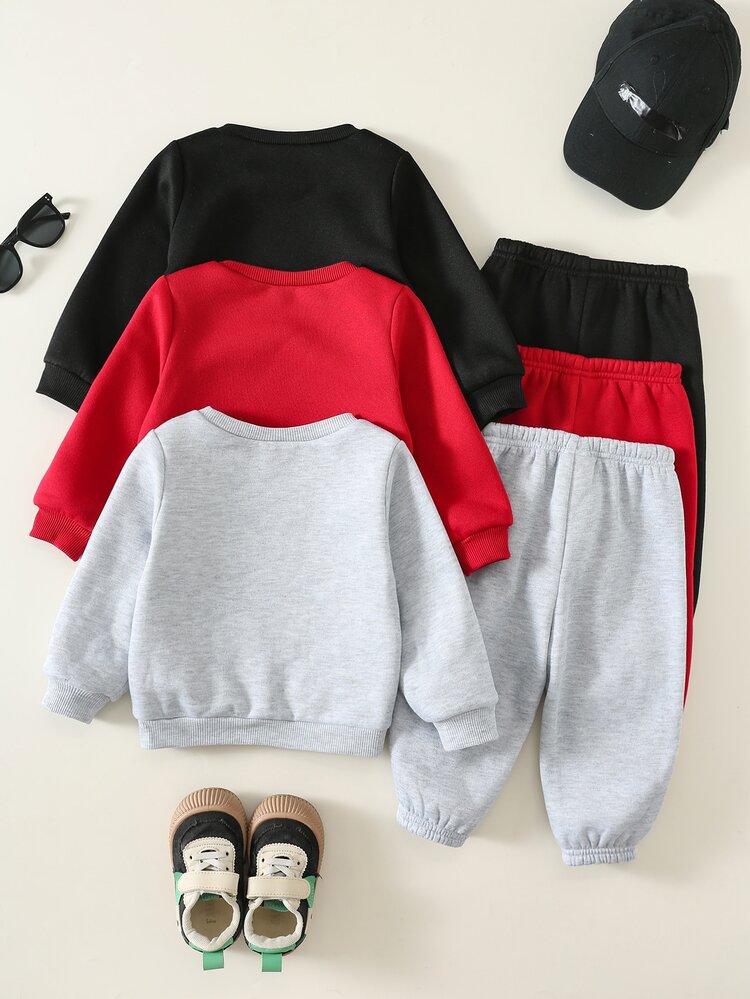 SHEIN 6pcs/Set Baby Boy Autumn/Winter Casual Letter Print Thermal Lined Long Sleeve Sweatshirt And Pants Sports Outfit - Multicolor - View 2