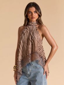 SHEIN BAE Women's Lace Patchwork Casual Versatile Daily Wear Halter Neck Top - Multicolor - View 7