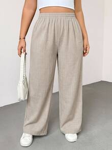 SHEIN Essnce Plus Size Women Solid Color Casual Versatile Daily Wear Long Pants - Khaki - View 2