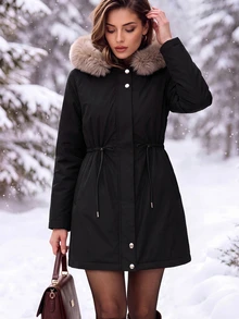 Editum Women's Solid Color Long Sleeve Zipper Front Thermal Lined Hooded Winter Jacket - Black - View 9