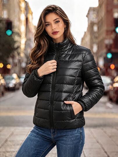 Editum Women's Winter Padded Coat With Pockets And Zipper Long Sleeve