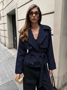 Aloruh 女款純色腰帶休閒法式優雅百搭日常通勤風衣外套 辦公旅行 棕色系 秋季 - 藏蓝色 - 查看 6