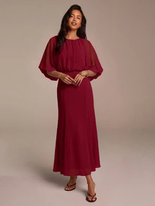 COSMINA Damen Lässig Romantisch Sexy Elegant Hellblau Chiffon Maxikleid Raffiniert Pendler Outfit Ausflug Party Braut Vorbereitung Hochzeit Herbst - Bordeaux - Übersicht 1