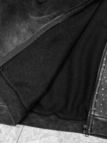 ROMWE MEN Street Life Men's Washed Distressed Rhinestone Applique Embroidered Text Plus Size Zip-Up Hoodie - Black - View 5
