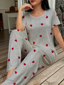 SHEIN 愛心印花短袖短褲居家休閒套裝 - 灰色 - 查看 6