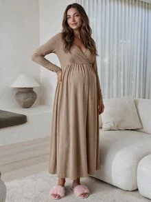 Slowluna Gaun Menyusui Hamil dengan Desain Lipit, Gaya Minimalis untuk Wanita Hamil dan Pasca Melahirkan - Coklat - View 10