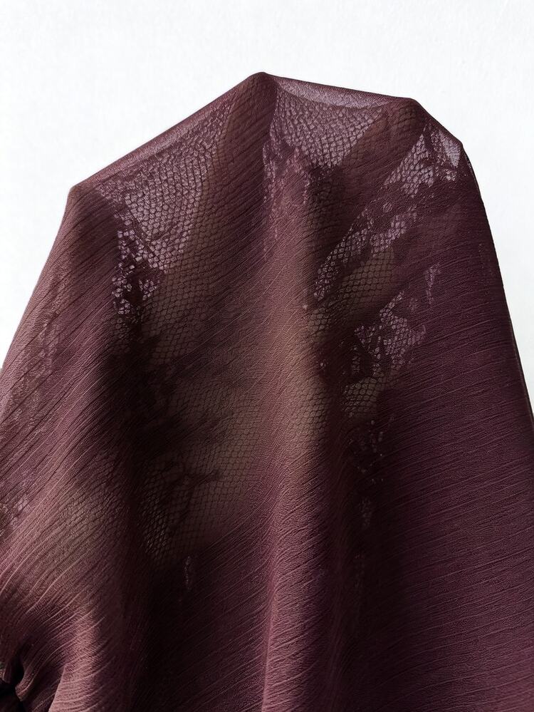 Vionelle Plus Size Solid Color Sheer Lace Patchwork Raglan Sleeve Tie Design Women's Blouse Brunch High Tea Formal Brown Summer Casual Elegant Celestial - Burgundy - View 7