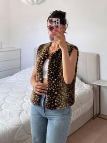 SHEIN EZwear Women's Brown Animal Print Faux Fur Vest - Coffee Brown - View 5